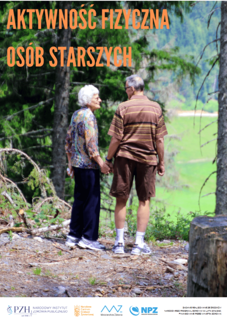 Okładka publikacji pt. "Aktywność fizyczna osób starszych". Na okładce znajduje się tytuł oraz zdjęcie pary seniorów w plenerze.